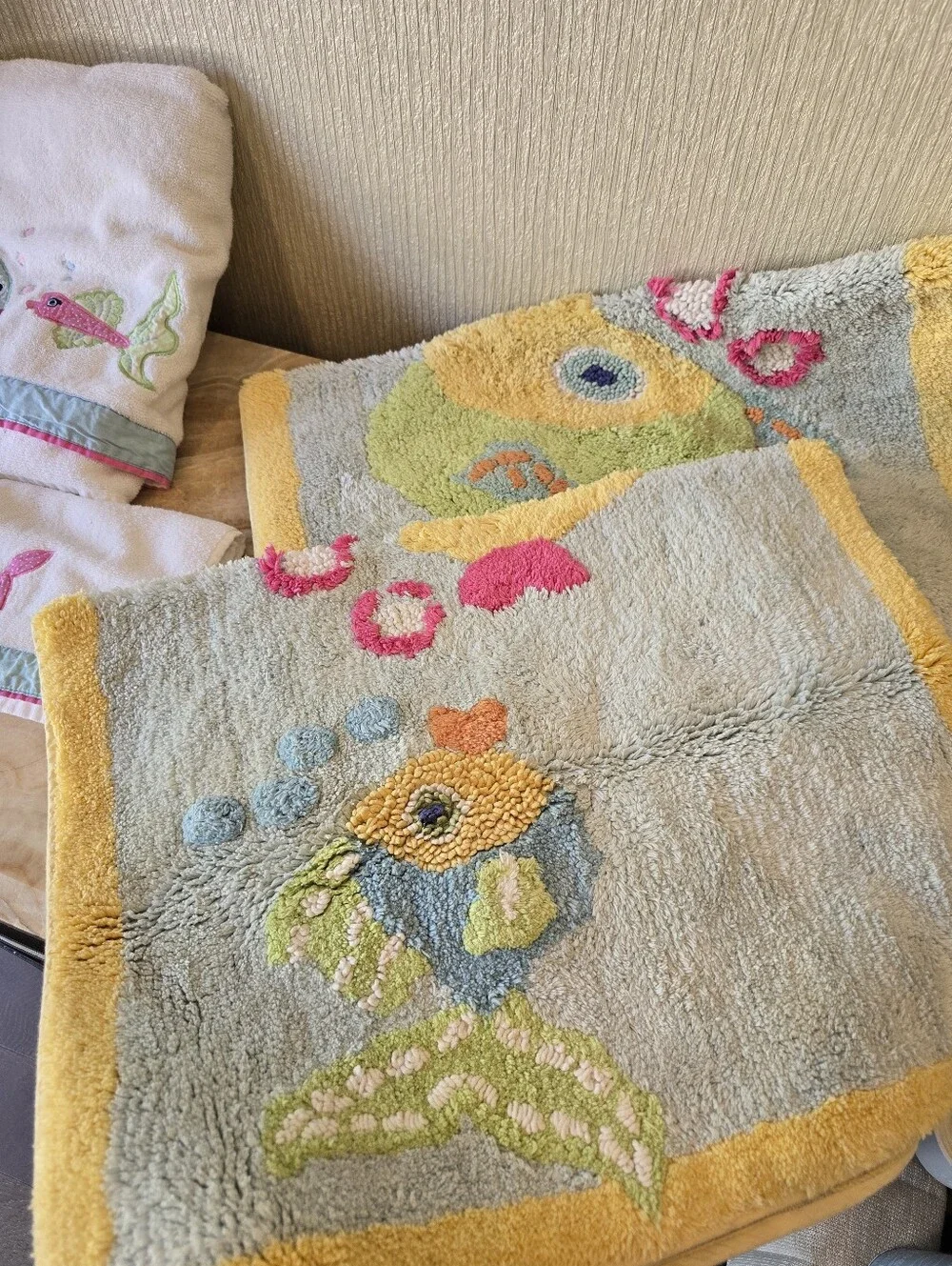 Pottery Barn Kids Fish Embroidered Bath Mat Towel Set in Yellow, Blue & Pink